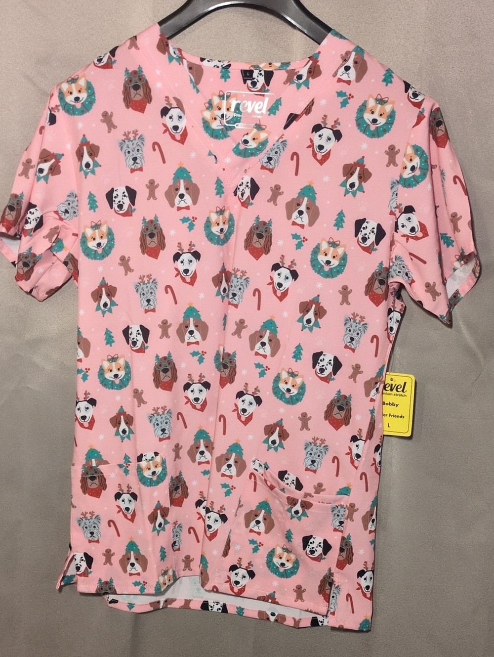 Pink Holiday Dog Print Medical Scrub Top